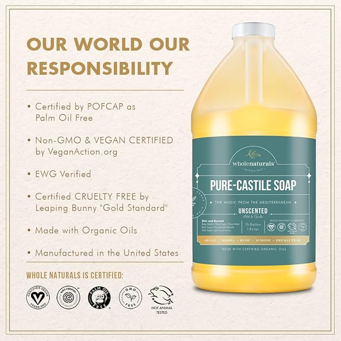 Pure Castile Soap Liquid Unscented, EWG Verified & Certified Palm Oil Free-1 gallon (64oz x2 bottles) Natural, Mild & Gentle Non-gmo & Vegan-Organic Body Wash, Laundry & Baby Soap
