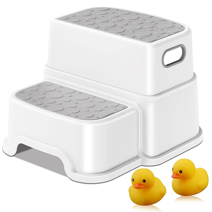 Toddler Step Stool,2 Step Stools for Kids with Anti-Slip Surface and Rubber Bottom, Kids Step Stool Poop Stool for Toilet Potty Training, Bathroom, Kitchen(Include 2 Ducks)