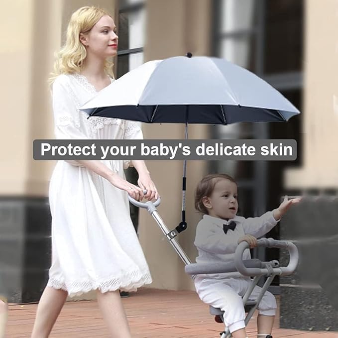 Universal Baby Stroller Sun Protection Parasol, with Umbrella Clip Fixing Device, UPF 90+ UV Protect Pushchair Sun Parasol (Silver)