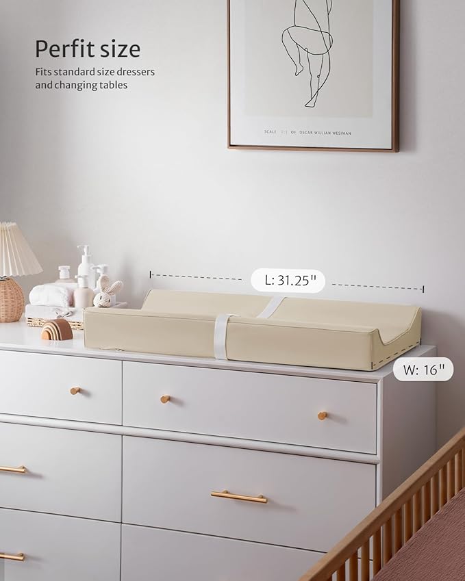 Blissful Diary Vegan Leather Baby Changing Pad with Waterproof & Wipe-Clean PU Cover, Standard Size Cozy Diaper Changing Pad for Dresser and Table, Beige