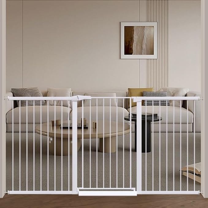 Fairy Baby 38" Extra Tall Pet Dog Gate, 76.4"-79.1" Extra Wide Long Baby Gate for Stairs, Metal Auto Close Walk Thru Safety Child Gate Indoor, Dog Gate No Climb Fence for Doorways Kid or Pet, White