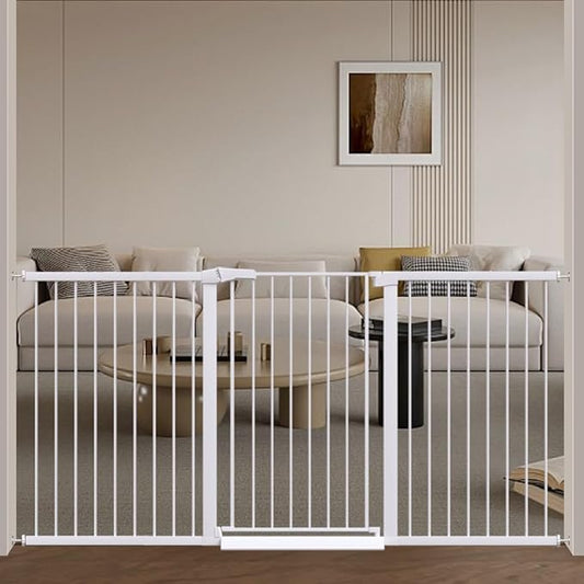 Fairy Baby 38" Extra Tall Pet Dog Gate, 76.4"-79.1" Extra Wide Long Baby Gate for Stairs, Metal Auto Close Walk Thru Safety Child Gate Indoor, Dog Gate No Climb Fence for Doorways Kid or Pet, White