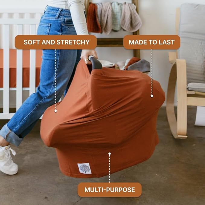 Parker Baby 4 in 1 Car Seat Cover for Girls and Boys - Stretchy Carseat Canopy, Nursing Cover, Grocery Cart Cover, High Chair Cover - “Clay”