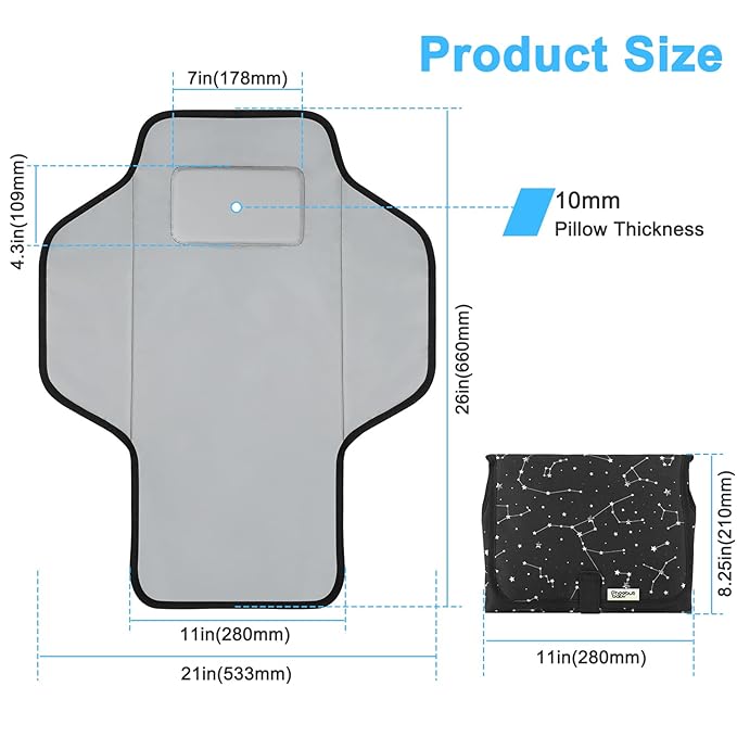 Portable Changing Pad Travel - Waterproof Compact Diaper Changing Mat with Built-in Pillow - Lightweight & Foldable Changing Station