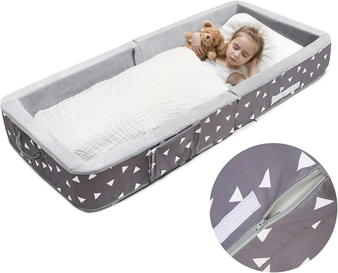 Mooedcoe Foldable Toddler Floor Bed with Sides, Folding Toddler Bed for Travel Kid Foam Sleeping Cot for Children 18M – 5yr Old(Rectangular, Triangle)