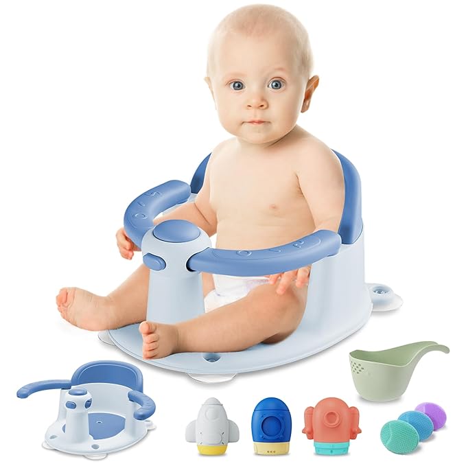 Baby Bath Seat for Babies 6 Months & up,3 Baby Bath Toys,Non-Slip Baby Bath Seat, Safe & Comfortable Baby Bath Support, Blue