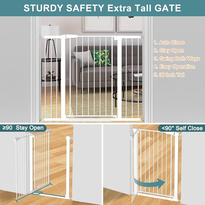 Fairy Baby 38" Extra Tall Baby Gate for Stairs and Doorways, 59.9"-65.3" Extra Wide Long Pet Gate, Metal Auto Close Safety Child Gate Fence for Puppy Pet, Pressure Mounted Walk Through Gate, White