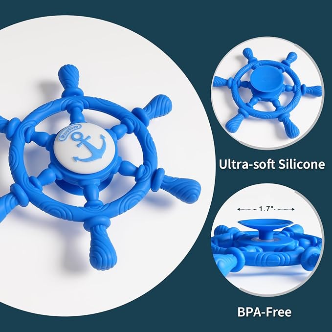 Bathtub Suction Spinner Toys - Silicone Bath & High Chair Sensory Toy for Babies & Toddlers, Novelty Spinning Top with Suction Cup, Car Window Travel Toys (Ship Steering Wheel Toy - Blue)
