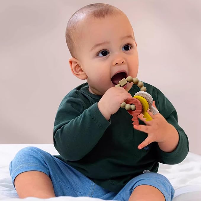 Baby Keys Teether Toys,Silicone Teething Toys for 3+ Months,Teething Keys Toy for Infants-Soft & Raised Texture to Soothe Gums,BPA Free(Brown)