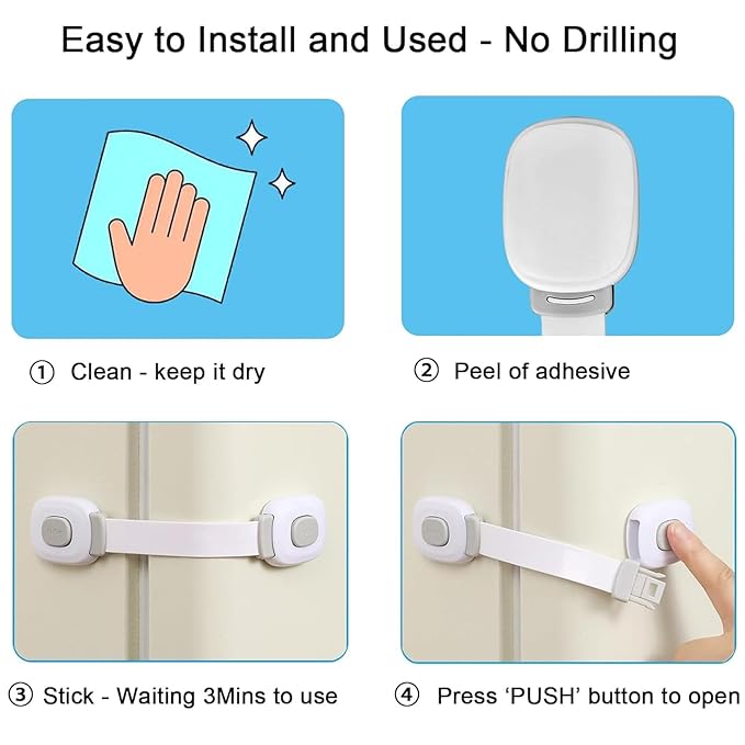 Fursafe&Q Baby Cabinet Locks, Child Safety Cabinet Proofing -Child Safety Strap Locks Adhesive Drawer Fridge Ovens Door Toilet Latches No Drill Multi-Purpose for Furniture Kitchen Lock (Grey, 6Pack)