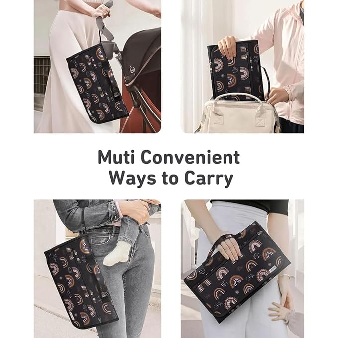 Portable Diaper Changing Station, Expandable Baby Diaper Bag, Compact Diaper Changing Travel Bag with Wet Wipe Pocket, Waterproof Baby Travel Station Set with 2 Bibs (Black)