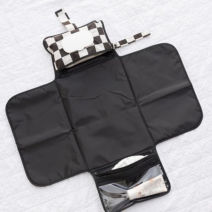 Tiny Twinkle Portable Diaper Changing Pad – Foldable, Waterproof & Compact Travel Changing Mat with Storage | Smart Wipes Pocket for On-The-Go Parents(Black Checkers)
