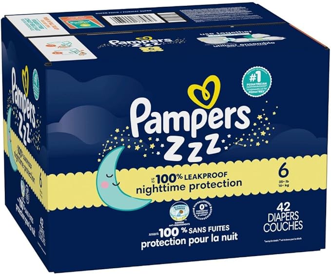 Pampers ZZZ Overnight Diapers, Size 6 (35+ lbs), 42 Count, Nighttime Protection Disposable Baby Diaper, Night Time Leak and Skin Protection