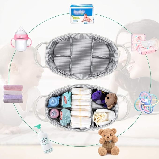 Baby Diaper Caddy Organizer - Extra Large Nappy Caddy Rope Nursery Storage Bin - Baby Basket with 8 Pockets, 5 Compartments and 2 Removable Dividers