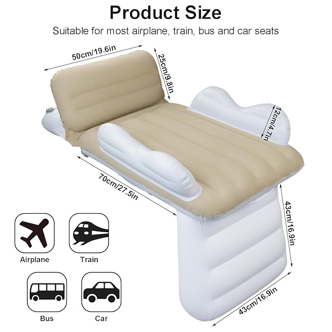 Inflatable-Toddler-Travel-Bed for Airplane Car Seat Portable Foldable Infant Travel Bed Baby Travel Crib with Sides,Hand Pump Safety Belt and Carry Bag Sets (Beige)
