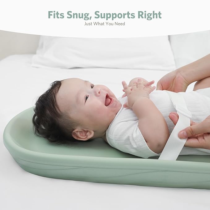 Waterproof Baby Changing Pad in EVA Foam, Wipeable & Quick Clean, Light & Portable, Adjustable Safety Belt & Non-Slip Base, for Diaper/Clothes Changes & Massage, Fits Dresser/Changing Table - Sage