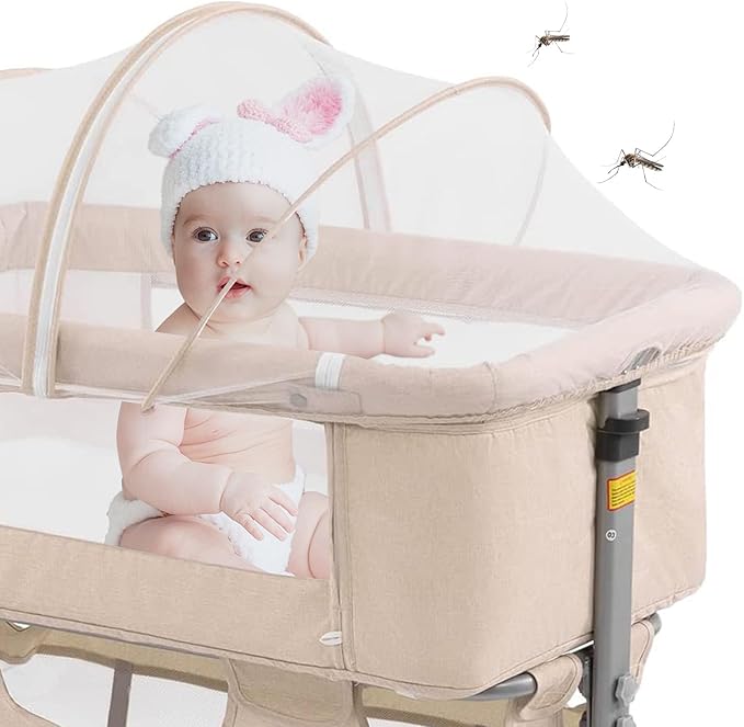 3in1 Bedside Crib for Girl or Boy, Bedside Sleeper for Baby Portable and Adjustable Crib with Mosquito net for Newborn Baby,Deep Khaki
