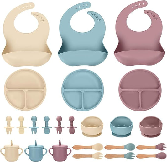 24 PCS Silicone Baby Feeding Set, Baby Led Weaning Supplies Includes Suction Bowls and Divided Plates, Adjustable Silicone Bib, Spoons&forks, Training cup with straw(Pink+Blue+Beige)