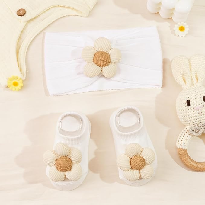 CÉLLOT Baby Girl Headband and Socks, Non-Slip Floral Socks and Soft Floral Nylon Hairbands for Babies Infants and Toddlers(White,Blue,Black)