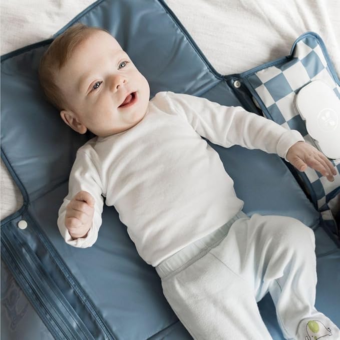 Tiny Twinkle Portable Diaper Changing Pad – Foldable, Waterproof & Compact Travel Changing Mat with Storage | Smart Wipes Pocket for On-The-Go Parents(Blue Checkers)