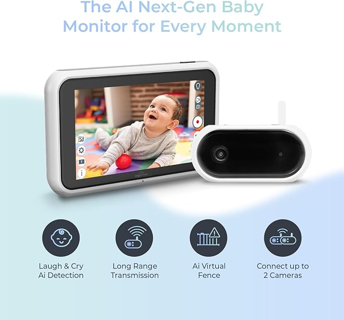 Tiny Traveler Ai Smart Wireless Baby Car Monitor with Travel Kit - AI-Powered Safety Alerts: Cry/Laugh/Stand Detection, Virtual Fence, Long Range 1000ft Night Vision Lullabies Night Light - White