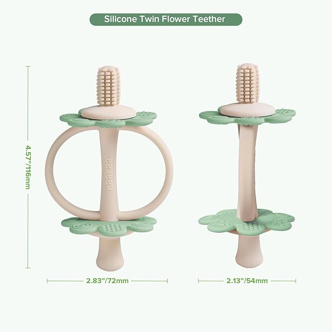 haakaa Silicone Baby Teether Toys,Nipple-Shaped End for Gum Massage,360° Baby Toothbrush Head for Self-Brushing Training,Easy to Grip-Pea Green