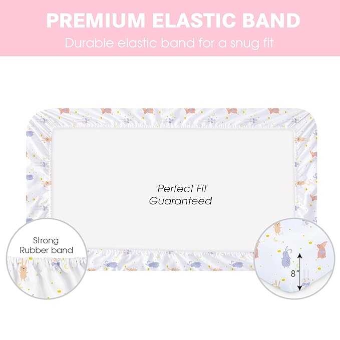 Plushii 4 Pack Fitted Crib Sheets for Baby Girls, 28"x 52" Extra Soft Microfiber Crib Sheet Set for Standard Crib & Toddler Mattress Pad, Rabbit & Moon & Bunny & Pink