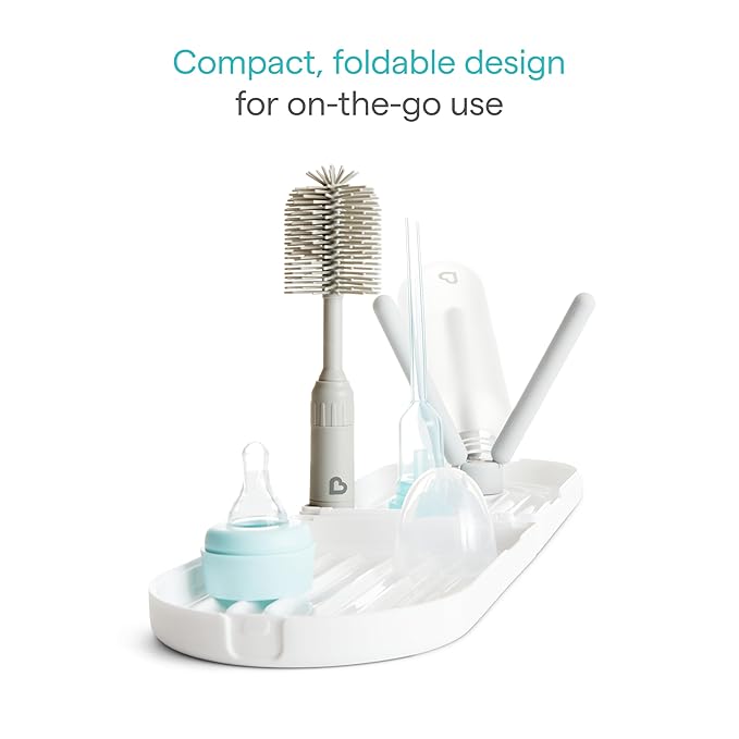 Munchkin® Travel Baby Bottle Drying Rack with Silicone Bottle Brush - Compact and Foldable, Fits Easily in Diaper Bags for On-The-Go Use