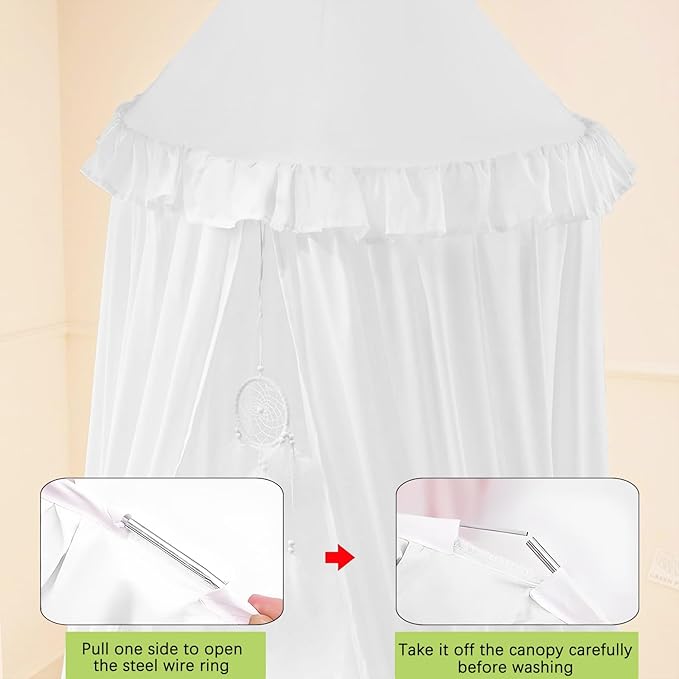 Akiky Kids Bed Canopy for Crib & Twin Size with Ruffles Dreamcatcher, Boys Princess Girls Nursery Room Decor Toddler Baby Dome Round Hanging Tent Curtains Skirt Over Bed Reading Nook Play Tents White