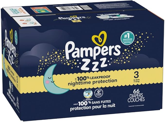 Pampers ZZZ Overnight Diapers, Size 3 (16-28 lbs), 66 Count, Nighttime Protection Disposable Baby Diaper, Night Time Leak and Skin Protection