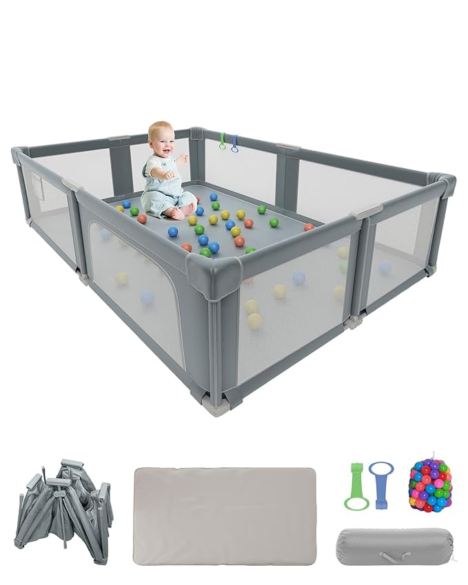 Baby Playpen, 73" x 61" Lareg Foldable Playpen with Mat for Babies and Toddlers, Play Pen with Soft Breathable Mesh, Ocean Balls and Pull Links, Baby Playard for Indoor & Outdoor, Gray