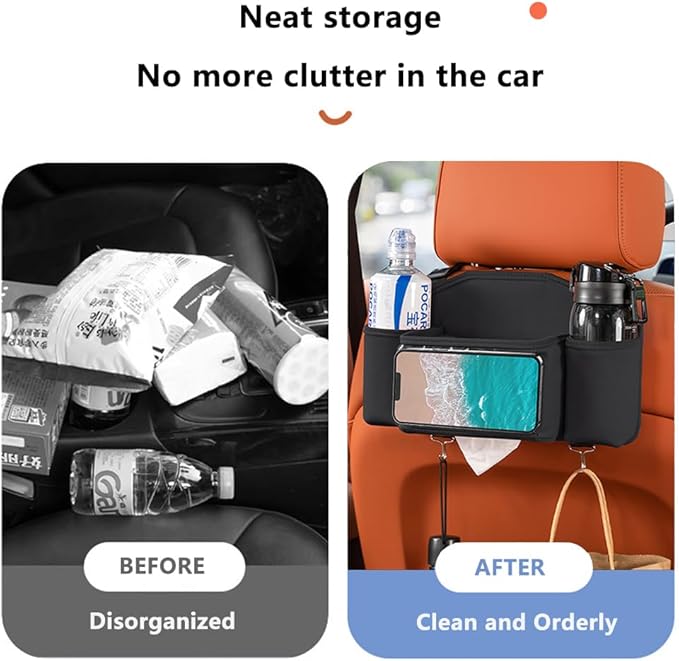 Tumecos Car Seat Back Storage Bag, Car Backseat Organizer with Tissue Box, Large Capacity Car Storage Box, Multi-function Car Rear Seat Storage Pocket, Universal for Most Vehicles (Style B, Black)