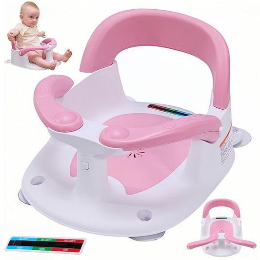 Baby Bath Seat for Babies 6 Months & Up Sitting Up,Infant Bath Seat with Temperature Alert+Open Backrest+on/Off Armrest,Toddler Bath seat Baby Bath Chair for Bathtub,Tub,Sink Pink