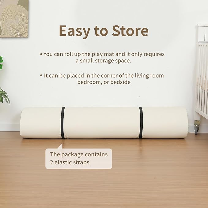 Large Vegan Leather Baby Play Mat for Floor,1.3"Thick Foam 59x82 Foldable Waterproof Kids Play Mat,Stylish and Just Wipe-Clean Playmat for Baby Play on Floor (Beige)