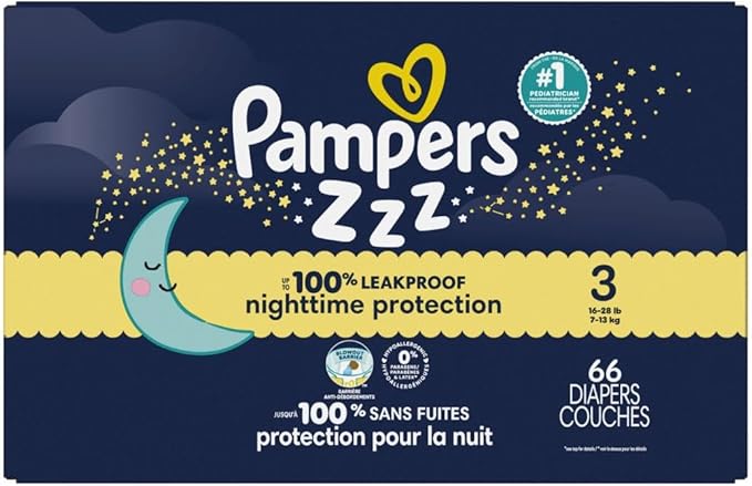 Pampers ZZZ Overnight Diapers, Size 3 (16-28 lbs), 66 Count, Nighttime Protection Disposable Baby Diaper, Night Time Leak and Skin Protection