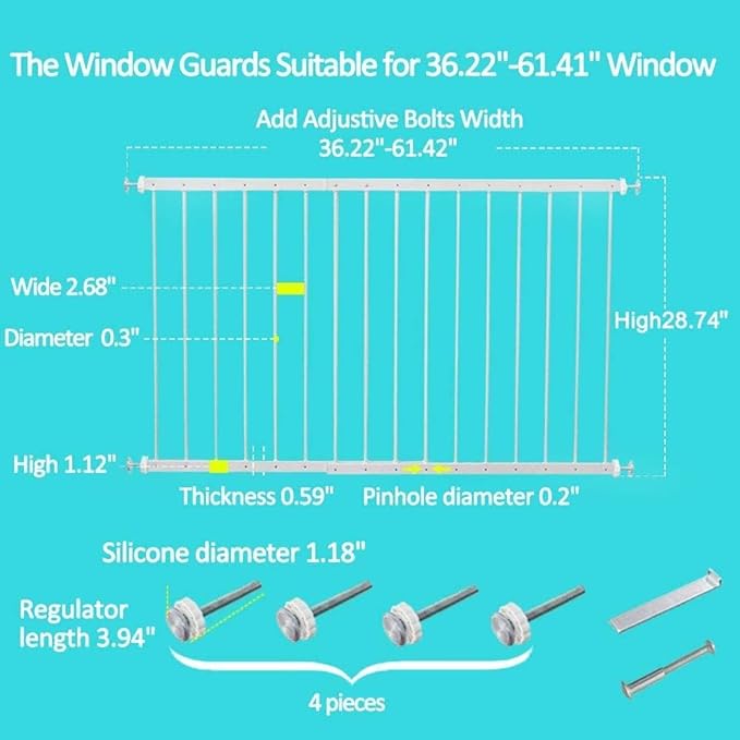 WAOWAO Window Safety Guards for Children Kids Child Toddler Pets Proof Extra Wide White Tension Security Window Guard Gate for Home Fit 36.22"-61.41" Sliding Windows (2 Piece)
