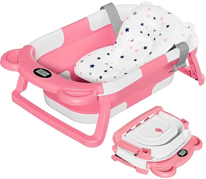 TPN Collapsible Baby Bathtub, Baby Bath Tub with Soft Cushion & Real-Time Thermometer, Baby Bathtub Infant to Toddler Tub (0-36 Months), Portable Travel Baby Tubs for Newborns (Pink)