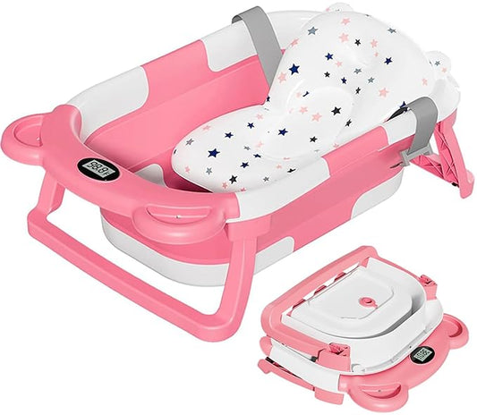 TPN Collapsible Baby Bathtub, Baby Bath Tub with Soft Cushion & Real-Time Thermometer, Baby Bathtub Infant to Toddler Tub (0-36 Months), Portable Travel Baby Tubs for Newborns (Pink)
