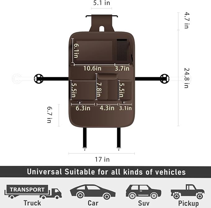 GMQ Back Seat Car Organizer 1 Pack,Backseat Organizer with Tray,Multifunctional Car Seat Back Storage Box with Foldable Tablet Holder (Coffee, Plain weave)