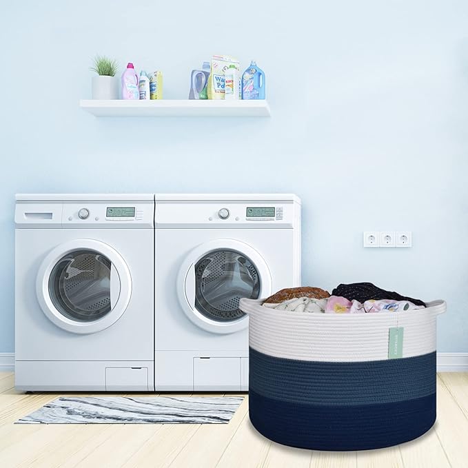 Extra Large Blanket Basket 87L, Laundry Hamper, Baby Nursery Hamper for Storage Toys Clothes Towels, Large Cotton Rope Laundry Basket for Girls Boys, 22”x 14”, White & Cadet Blue & Navy Blue