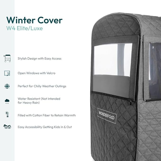 WONDERFOLD Cold Weather Shield Stroller Cover for Winter Made of Premium Breathable Cationic Fabric Filled with Cotton for Warmth, Hook-and-Loop Window Openings (Fts Only W4 Elite/Luxe)