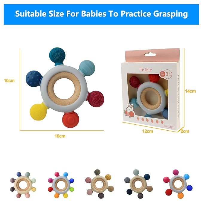 Baby Teething Toys Silicone Teethers BPA Free Silicone Rudder with Wooden Ring Soothe Babies Gums (Rainbow)
