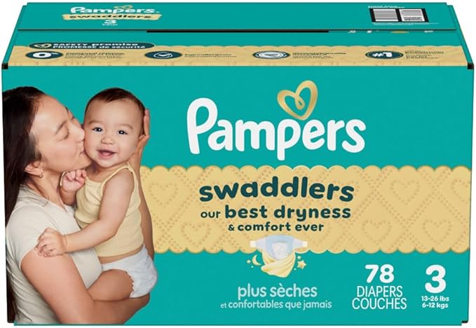 Pampers Swaddlers Diapers, Size 3 (13-26 lbs), 78 Count, Absorbent, Keeps Baby Dry and Comfortable, Skin Safe Disposable Baby Diaper (Packaging May Vary)