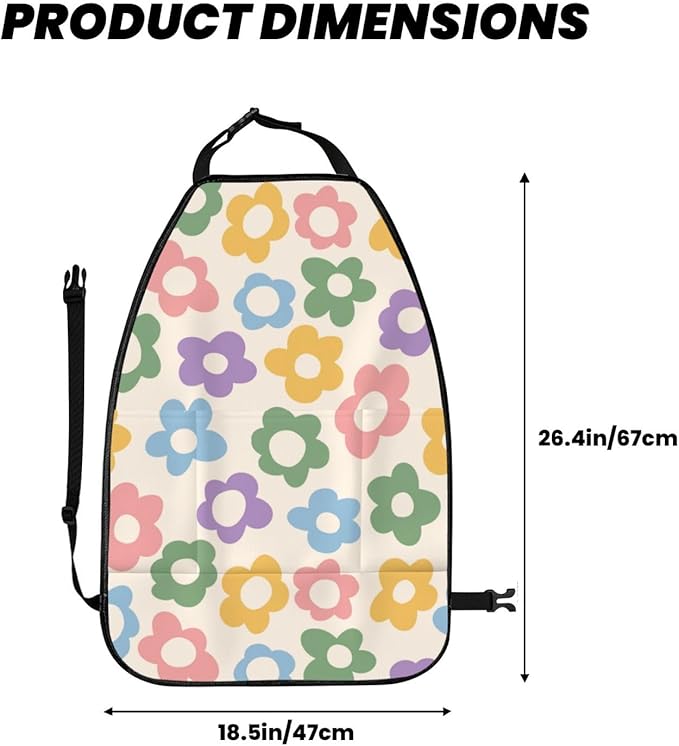 Vintage Groovy Flowers Car Kick Mats Back Seat Protector 2 Pack Auto Seat Back Covers with 3 Organizer Travel Accessories Universal Vehicle Interior from Dirt, Mud