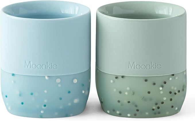 Moonkie Silicone Baby Cups 4 Months+ | Tiny Open Training Cups for Infants with Confetti Sprinkles | Baby-Led Weaning Essential | 2 oz (Ether/Mint, 2 Pack)