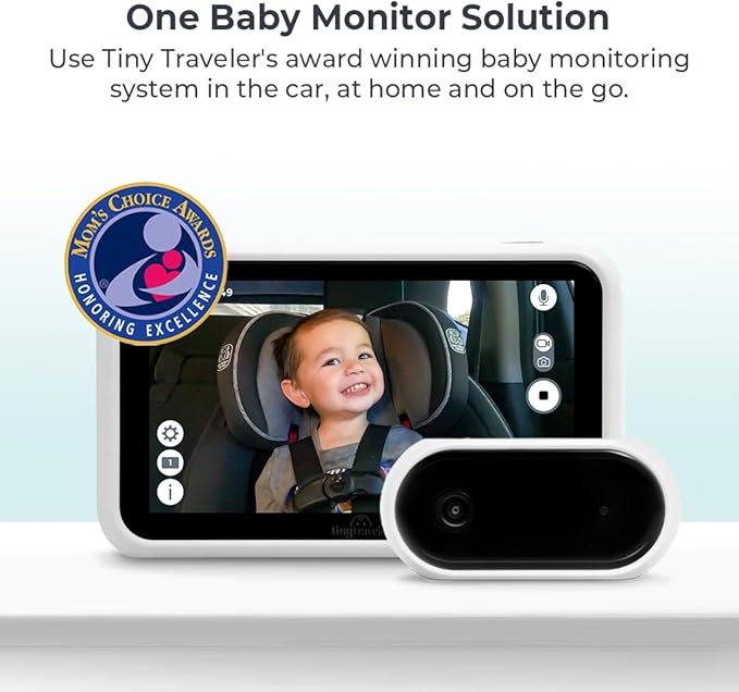 Tiny Traveler 5” HD Touch Screen Baby Car Monitor – Hackproof, No WiFi Baby Camera for Travel Home – Rear-Facing Car Seat Monitor with Night Vision Headrest or Clamp Mount Baby Reminder Alert White