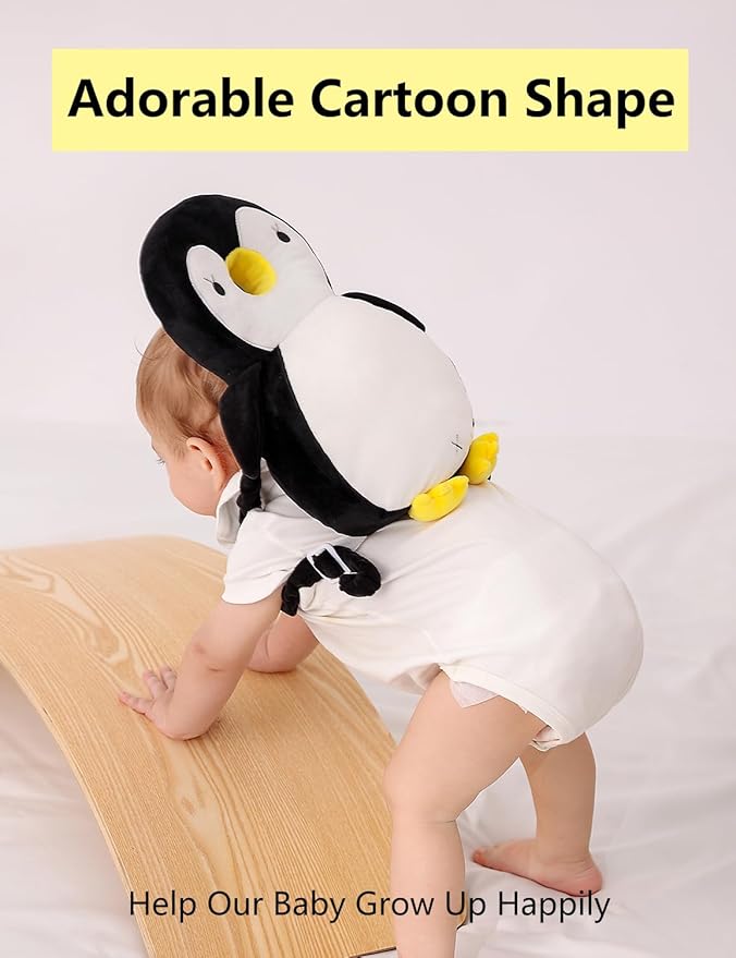 JunNeng Baby Head Protector Backpack, Toddler Walking Fall Head Protection, White Black Penguin