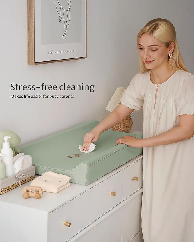 Blissful Diary Vegan Leather Baby Changing Pad with Waterproof & Wipe-Clean PU Cover, Standard Size Cozy Diaper Changing Pad for Dresser and Table, Light Green