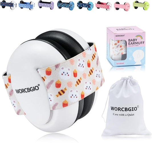 Infant Ear Protection Noise Cancelling Baby Ear Muffs, Toddler Hearing Protection with Adjustable Elastic Headband (Bear, White