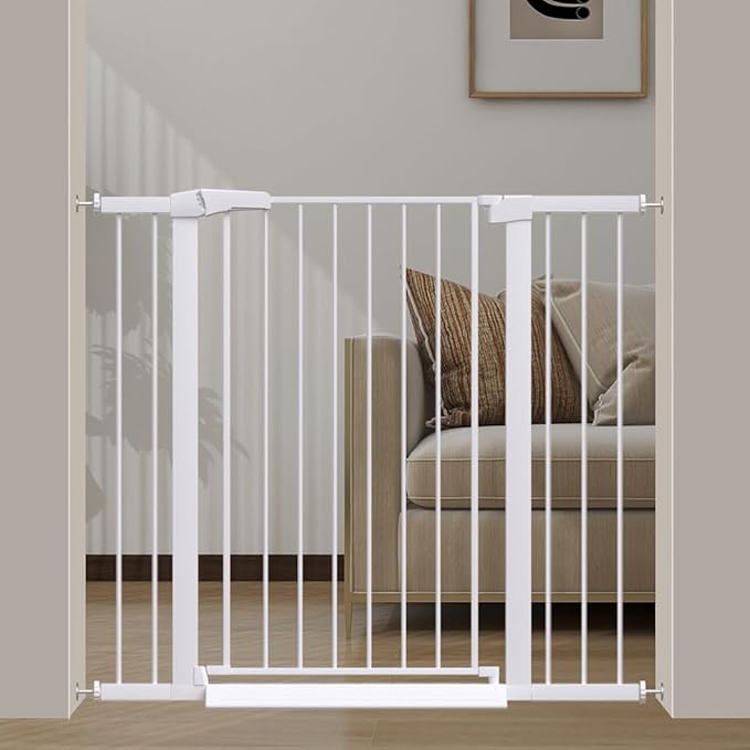 Fairy Baby 38" Extra Tall Dog Gates for Doorways, 43.3"-46.0" Extra Wide Baby Gate for Stairs, Metal Auto Close Safety Child Gate, Pressure Mounted Easy Walk Through Pet Gate Indoor with Door, White